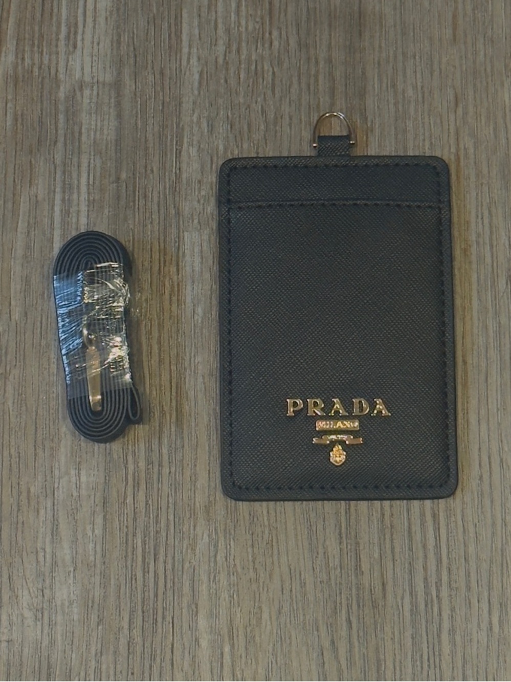 Prada Black & Gold Saffiano Leather Card Holder with Strap